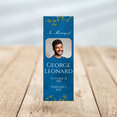 Blue & Gold Leaf Designed Memorial Bookmark