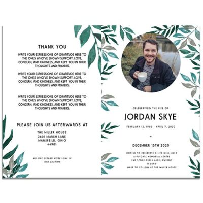 Personalized 4 Page Greenery Funeral Program Template - Front and Back