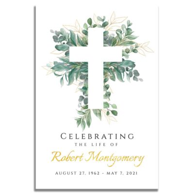Front Side of Funeral Prayer Card Template: Cross Leaves