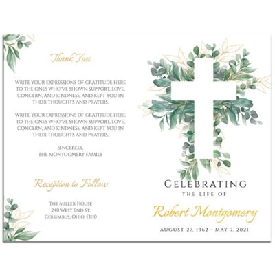 Front and Back Sides of Funeral Program Template: Cross Leaves