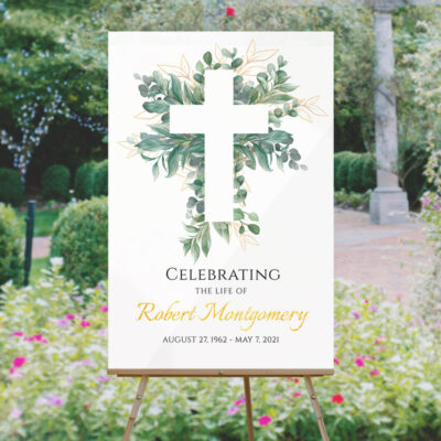 Cross and Leaves Funeral Welcome Signs