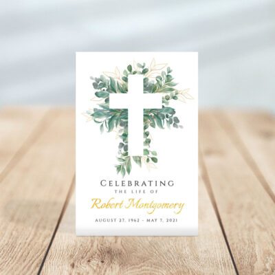 Personalized Cross and Leaves Funeral Prayer Card