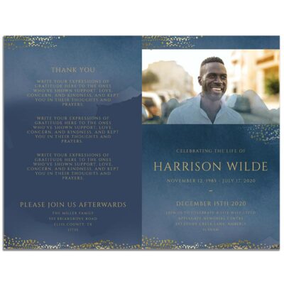Front and Back Sides of Funeral Program Template: Navy Gold