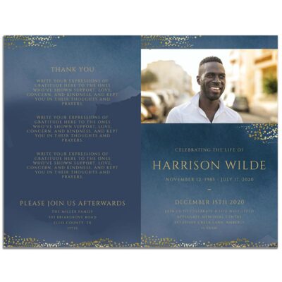 Front and Back Sides of 8 Page Funeral Program Template: Navy Gold