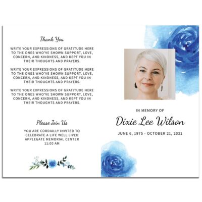 Blue Floral Simple Funeral Program - Front and Back Pages