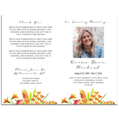 Golden Floral Simple Funeral Program - Front and Back Pages