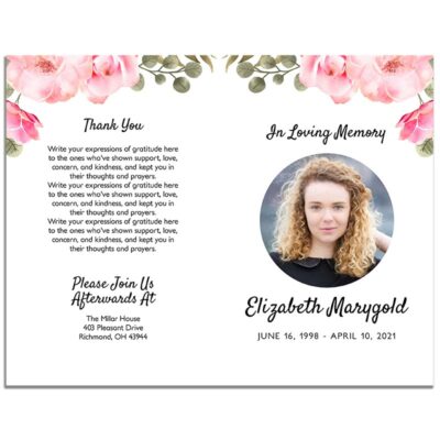 Pink Floral Simple Funeral Program - Front and Back