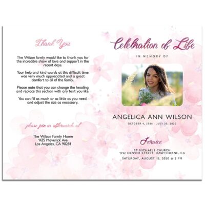 Pink Watercolors 8 Page Funeral Program - Front and Back