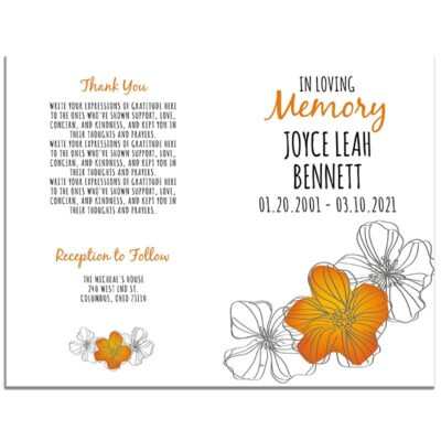 Orange Floral Funeral Program 8 Page Template – Front and Back