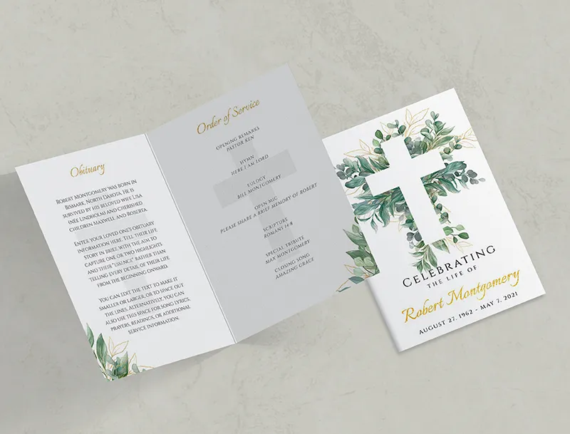 Cross & Leaves Funeral Program Template (8 Pages)