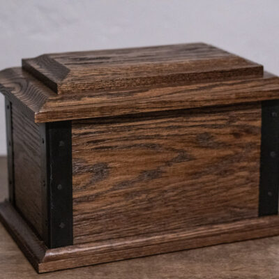 Distressed Oak Wood Cremation Urn with Brass Corners