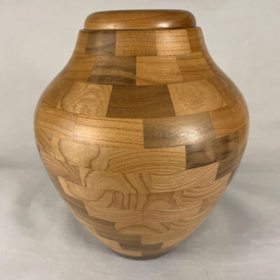 Hand Turned Cherry & Walnut Wood Step-Pattern Cremation Urn