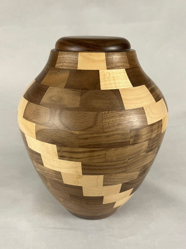 Segmented Wood Ashes Urn with Maple and Walnut Woods in Step-Pattern