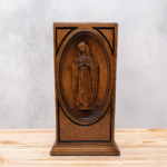 Carved Virgin Mary Catholic Cremation Urn in Cherry or Walnut Hardwood (Vertical Style)