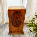 Praying Hands Carved Cremation Urn in Cherry Hardwood